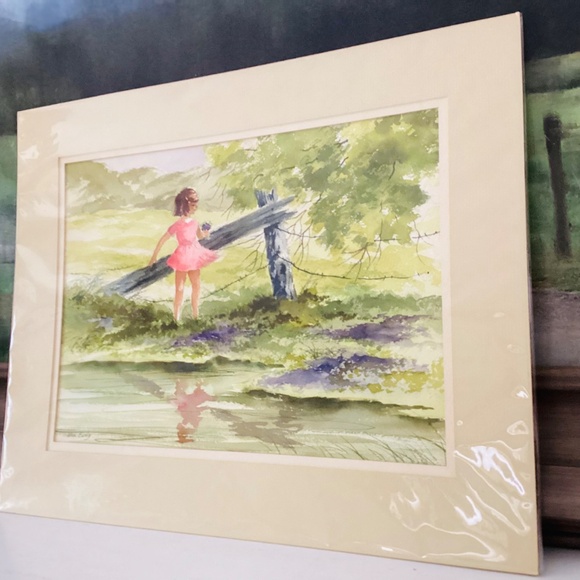 Original Watercolor Painting Little Girl W/Flowers Artist Signed Matted Sealed - Picture 2 of 10